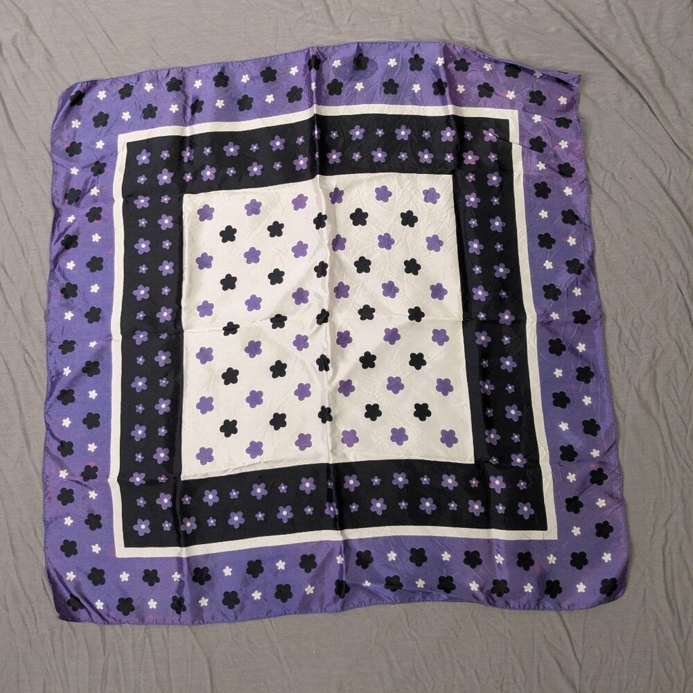 vintage 80s hair neck scarf mod retro floral daisy purple white black 21.5" x 22